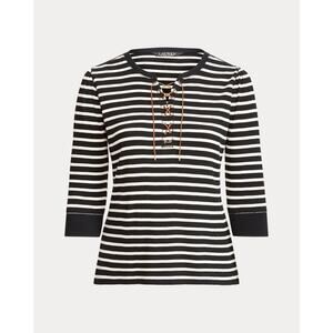 Lauren Ralph Lauren Striped Lace-Up Waffle-Knit Top Leather Drawcord Size XXL
